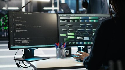 Data center programmer seeing critical error message while using node tree software to analyze datasets. Server room worker receiving glitch popup warning while using visual programming tool, camera B - Powered by Adobe