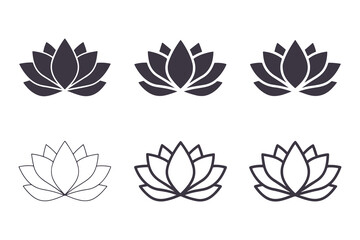 Lotus Flower Silhouette and Outline Collection. Minimalistic Black and White Floral Icons with Elegant Petal Designs, Perfect for Logos, Clipart, and Decor Vector Clipart Template.