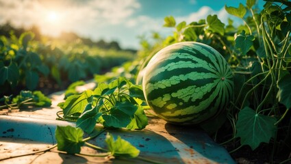 Close-up of vibrant green melons on a sustainable farm