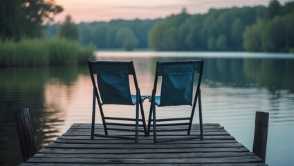 Obraz premium Two empty chairs sit on a wooden pier overlooking the lake with a scenic background of water and sky
