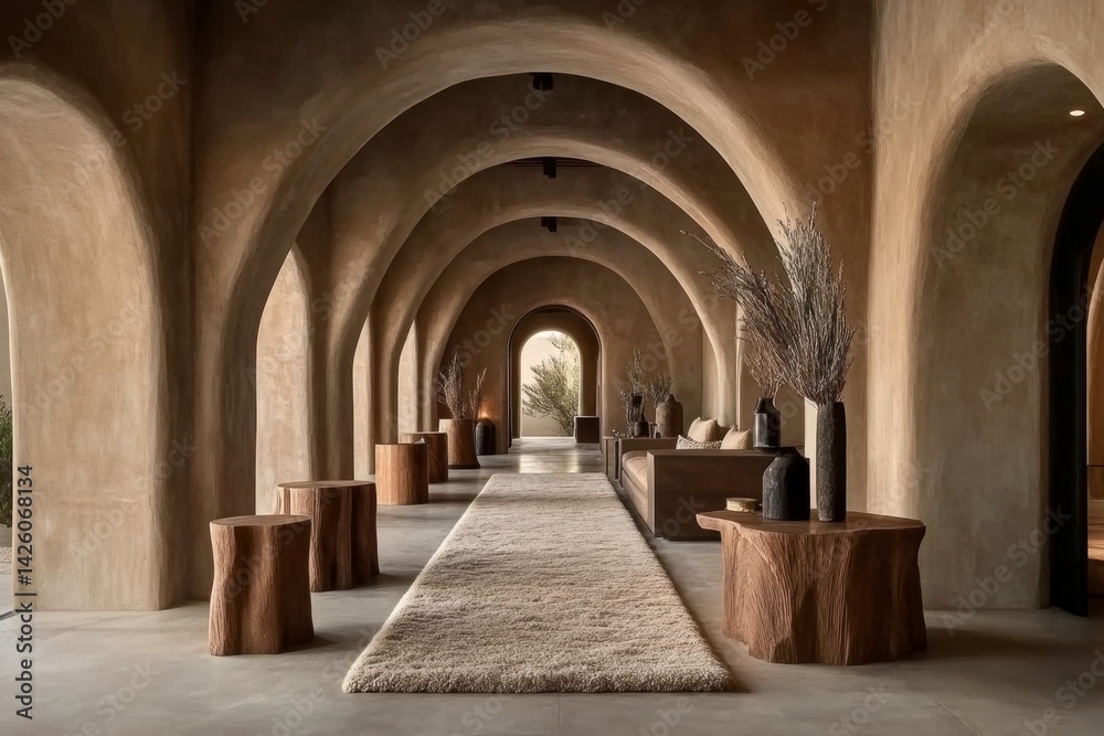 Leinwandbilder The floor features a fluffy carpet with wooden side tables beside them. The walls have a light beige color, and there's a window at one end that reveals part of another room. The style is minimalistic