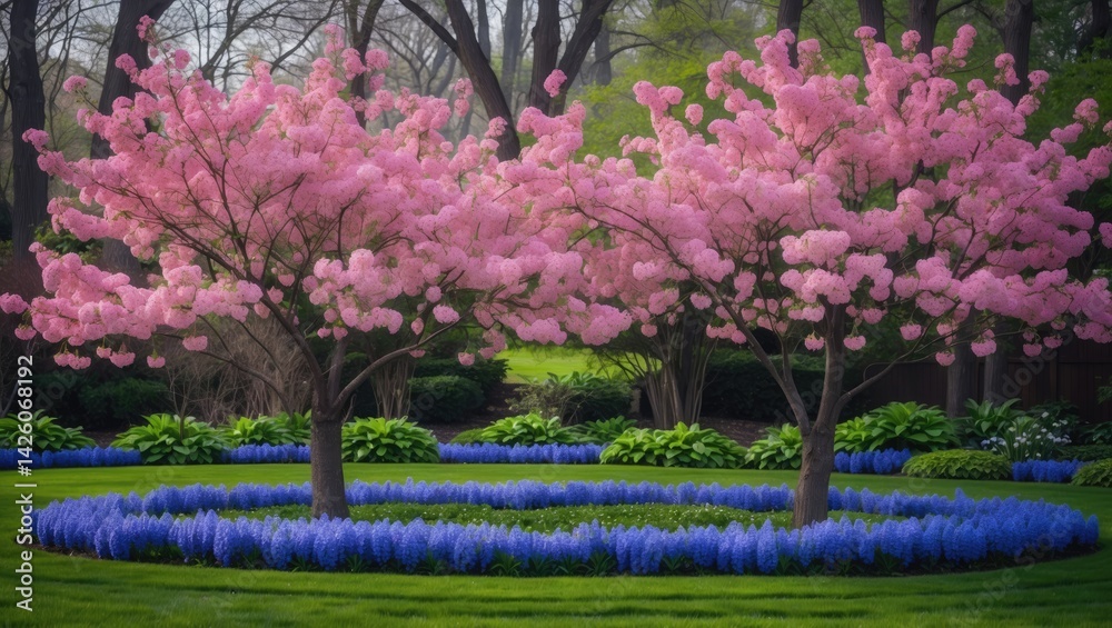 Poster two stunning eastern redbuds in full bloom create a vibrant display, surrounded by cobalt blue grape