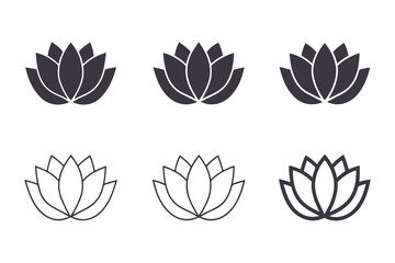 Lotus Flower Silhouette and Outline Collection. Minimalistic Black and White Floral Icons with Elegant Petal Designs, Perfect for Logos, Clipart, and Decor Vector Clipart Template.