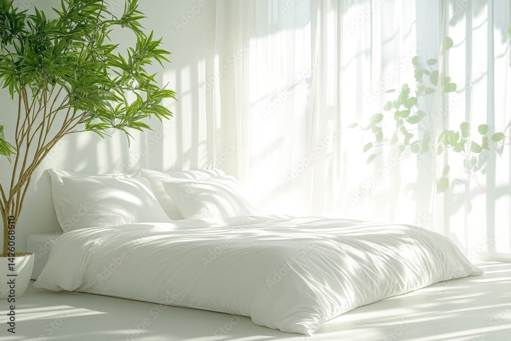 Aufkleber light-filled serene bedroom with white bedding and indoor plants creating a calming atmosphere