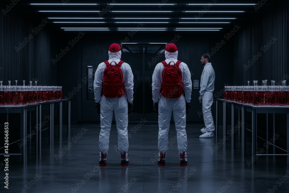 Poster two men in white hazmat suits with red caps and backpacks stand at the entrance to an empty laborato