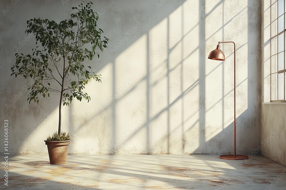 Aufkleber sunlight streams through windows illuminating a minimalist interior with a plant and a lamp