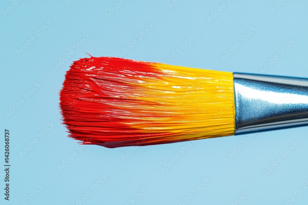 Aufkleber brush with vibrant red and yellow bristles creates colorful art using painting techniques indoors