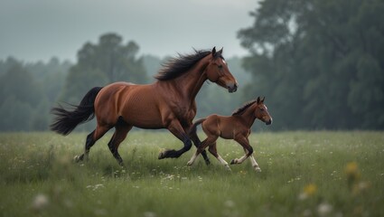 Fototapeta premium A mare and her little foal race across a green pasture