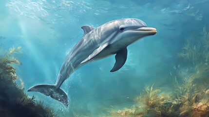 Naklejka premium Majestic Bottlenose Dolphin Underwater Scene Ocean Wildlife Aquatic Animal Graceful Marine Life Swimming Underwater Sunlight Rays Peaceful Serene Tranquil Blue Water Deep Sea Ocean Habitat Natural 