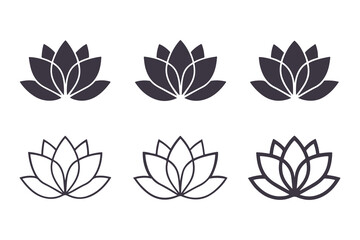 Lotus Flower Silhouette and Outline Collection. Minimalistic Black and White Floral Icons with Elegant Petal Designs, Perfect for Logos, Clipart, and Decor Vector Clipart Template.