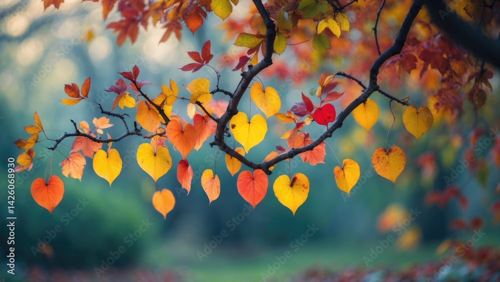 Poster autumn foliage close-up with vibrant leaves on a tree branch against a textured background