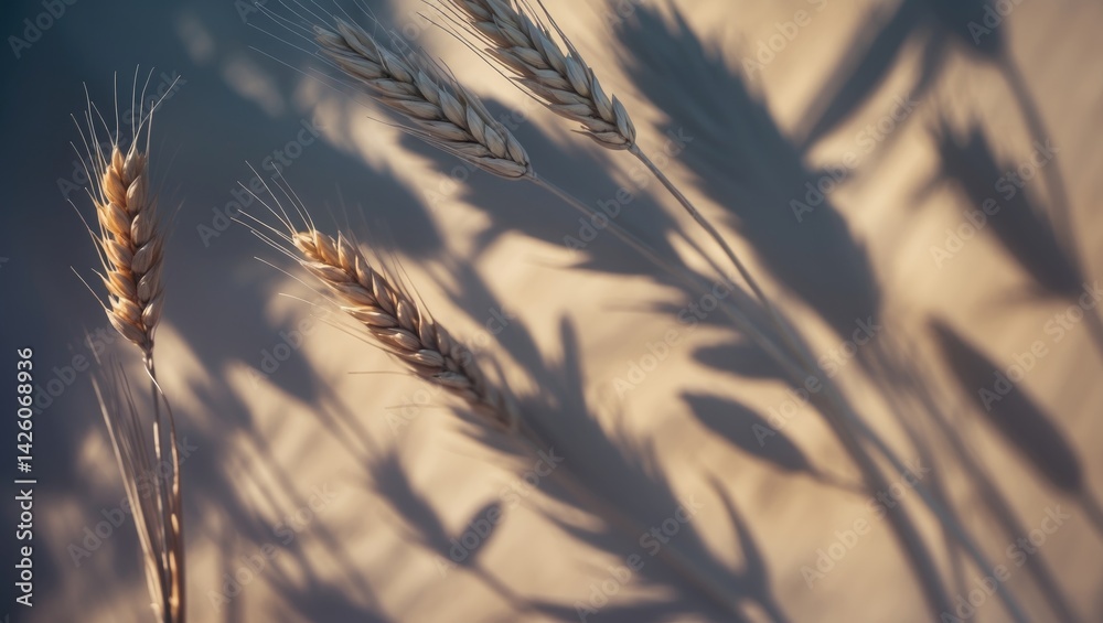 Aufkleber Overhead perspective of wheat and rye ears casting shadows on a sand-colored background with a minimalist leaf element