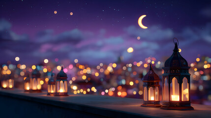 Nighttime serenity with crescent moon, festive lanterns, and a cityscape panorama backdrop