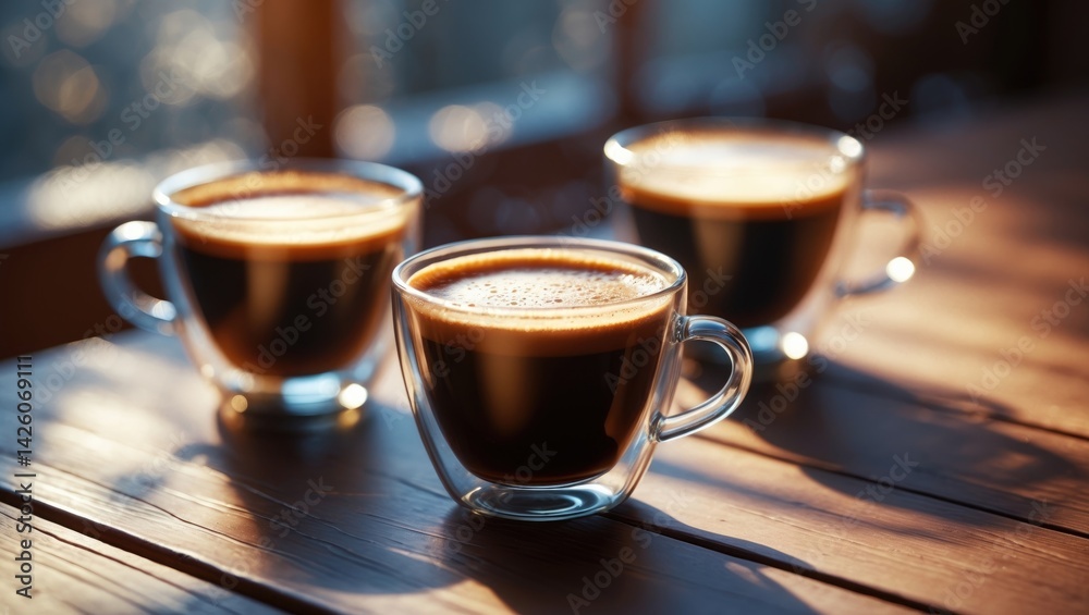 Poster three espresso coffees on a wooden table with shadow effects and glass cups