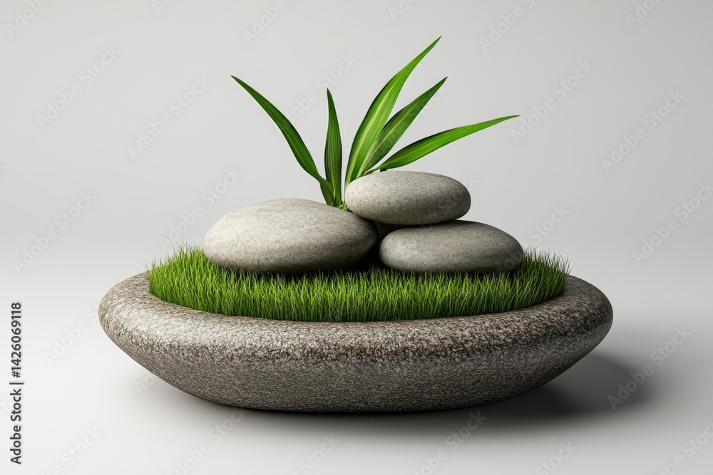Poster White background, podium with grass and rocks for product presentation. Mockup template of empty space round stone platform for displaying cosmetic products in a natural environment. Realistic
