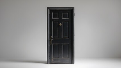 Weathered black wooden door with vintage design, isolated on background