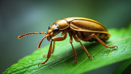 Magnified image of a lively insect resting on a bright green plant leaf
