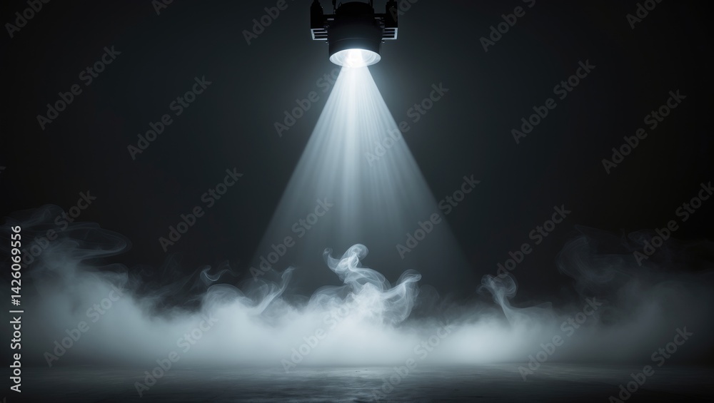 Poster industrial lighting machine casting beams on dark background with fog effect