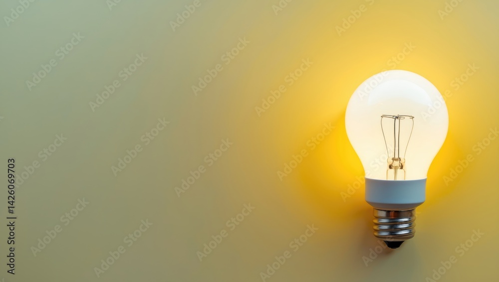 Poster Flat lay of a light bulb on a yellow background highlighting creativity and illumination with text space