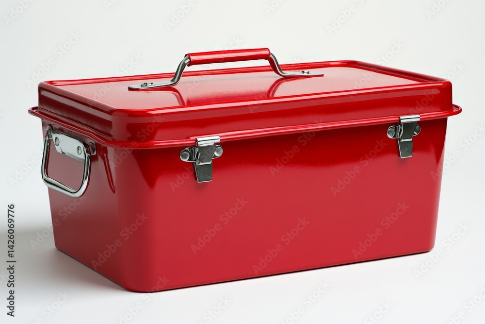 Poster Bright red metal toolbox perfect for storing tools and supplies in a garage or workshop setting