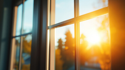 Fototapeta premium beautiful sunrise is seen through window frames, casting warm light into room, creating serene and inviting atmosphere. soft glow enhances peaceful morning scene