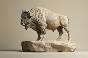Detailed sculpture of a majestic bison on a rocky outcrop.