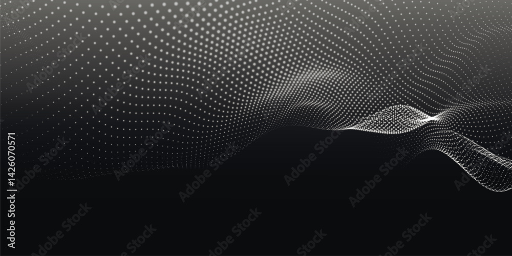 Sticker abstract background with dynamic black and white wave. futuristic dotted wave of bright particles on
