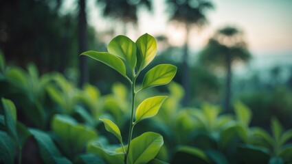Obraz premium Close-up of a young plant with vibrant green leaves in a lush summer landscape