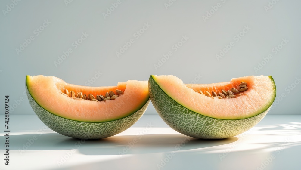 Poster Isolated image of melon slices with seeds on white background