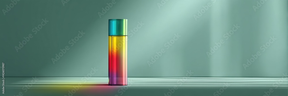 Poster Rainbow-colored Inhaler Floats Gracefully on a Soft Mint Background With Gentle Light Illuminating Its Vibrant Hues During a Serene Moment