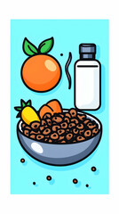 Healthy breakfast cereal bowl with orange and milk, light blue background, for food blogs or packaging