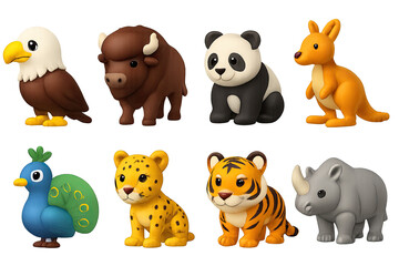 Animal 3d icon set &ndash; cute and playful wildlife and zoo symbols for digital projects, education, and apps: eagle, buffalo, panda, kangaroo, peacock, cheetah, tiger, rhino