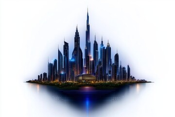 Fototapeta premium a 2D cartoon illustration of a futuristic city skyline, high-tech and innovative, white background