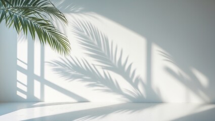 Silhouette of palm tree leaves against a white wall background with copy space
