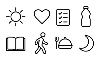 Fototapeta na wymiar Daily routine icons set: linear style sun, heart, checklist, bottle, book, walking, meal, moon
