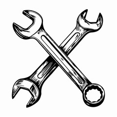 Two crossed wrenches symbolizing craftsmanship and repair, set against a simple background, representing tools and manual work.