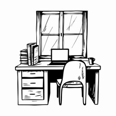 Stylish workspace featuring a desk, laptop, chair, and books neatly arranged, with a window view, symbolizing productivity and creativity in a minimalist design.