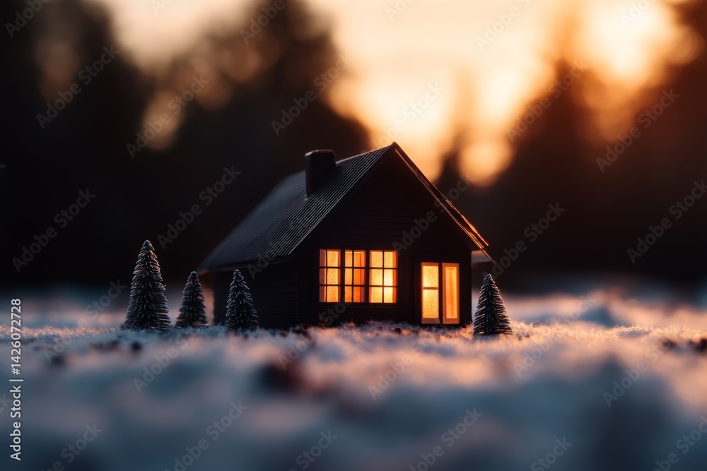 Aufkleber A miniature house glows warmly from within, nestled among tiny pine trees on a soft snowy surface, with a blurred background creating a serene twilight atmosphere