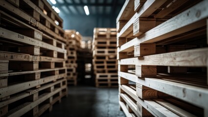Light wood cargo pallets neatly stacked in a factory on industrial shelves for shipping and commerce