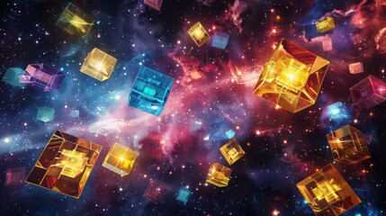A cosmic scene featuring floating translucent cubes against a nebula filled starry background