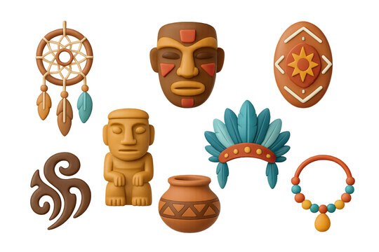 Native american culture icon set – 3d tribal and ceremonial symbols: dreamcatcher, totem, mask, pot, feathered headdress, necklace, shield