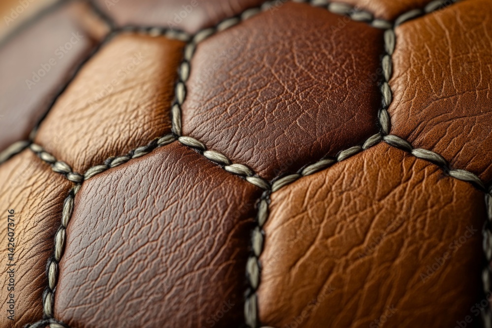 Leinwandbilder Close-up view of a textured leather surface showcasing hexagonal patterns and intricate stitching details