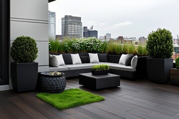 a 2D cartoon illustration of a modern rooftop terrace with seating, stylish and urban, white background