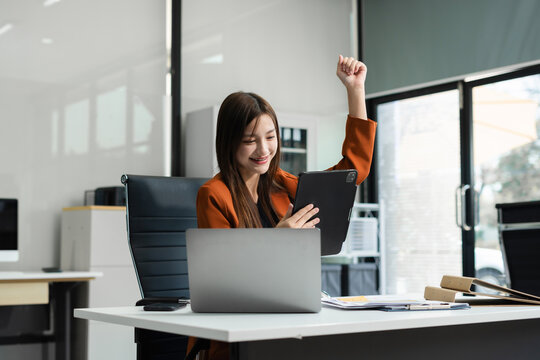 Overjoyed excited woman, happy smiling, getting bonus money.