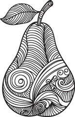 Black and white zentangle style decorative pear illustration filled with swirling organic details and a playful symmetrical composition for creative design
