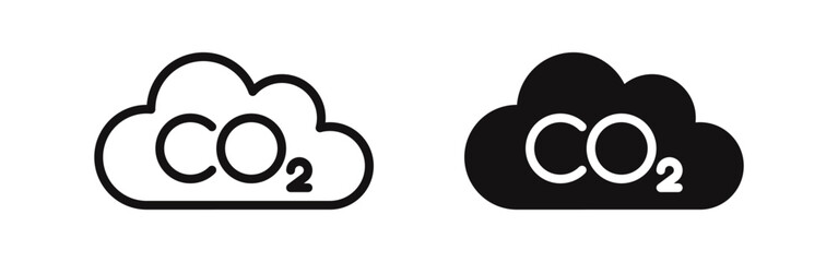 CO2 emissions icons set. Ecology and environment symbol, carbon dioxide pollution, reduce co2 gas, carbon reduction cloud, zero carbon emission. Vector illustration.