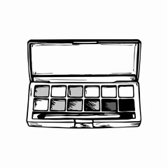 Obraz premium Stylish makeup palette showcasing diverse shades of grey and black, representing creativity and artistry in beauty applications.