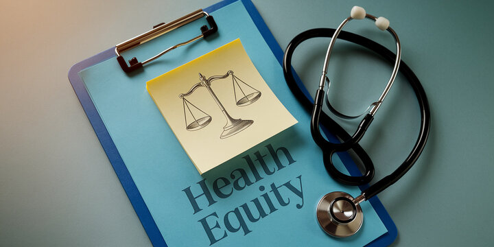 Blue clipboard with yellow sticky note showing scales of justice, stethoscope nearby, text "Health Equity" symbolizing fair access to healthcare, legal and medical balance