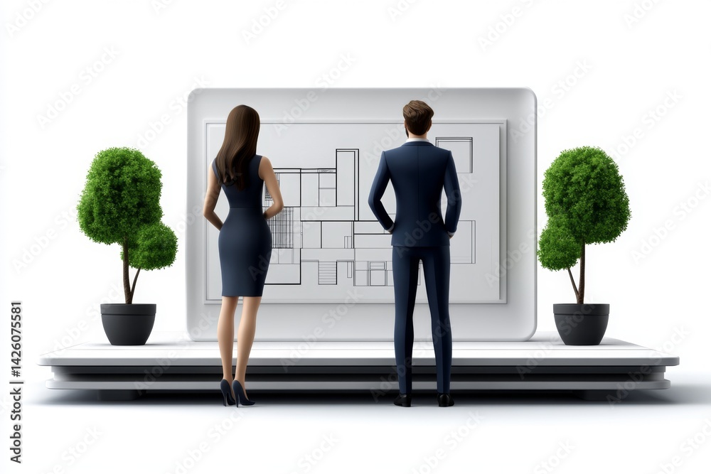 Aufkleber a 2d cartoon illustration of an architect presenting a design concept to clients, professional and e