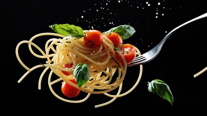 Pasta with fresh tomatoes and basil on a black background with a levitating fork